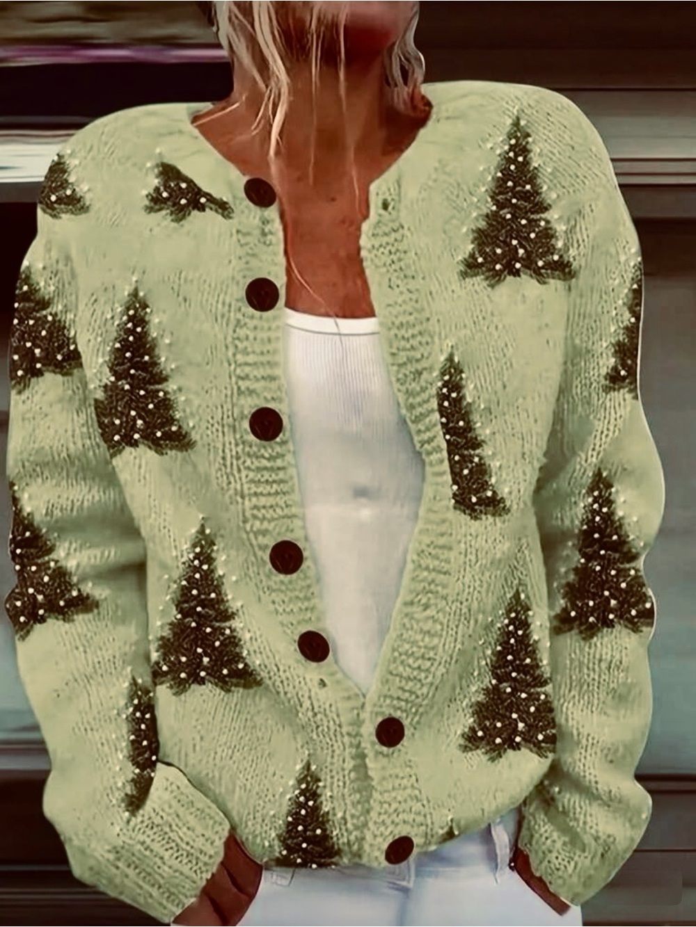 SHEIN Mint Green Christmas Tree Pattern Button-Up Sweater Cardigan - Size L